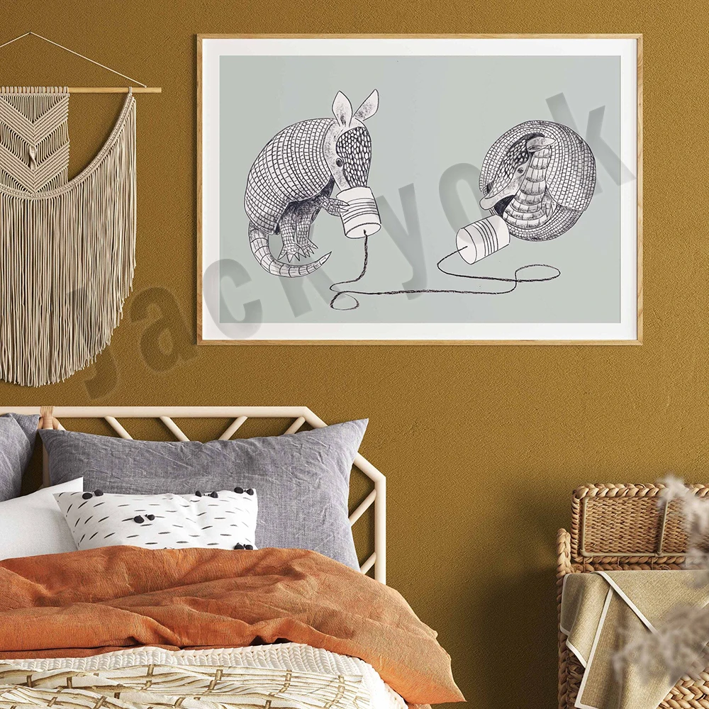 Australian green sage koala, monkey print, Austin armadillo art, friend on the phone print, boho playroom art deco poster