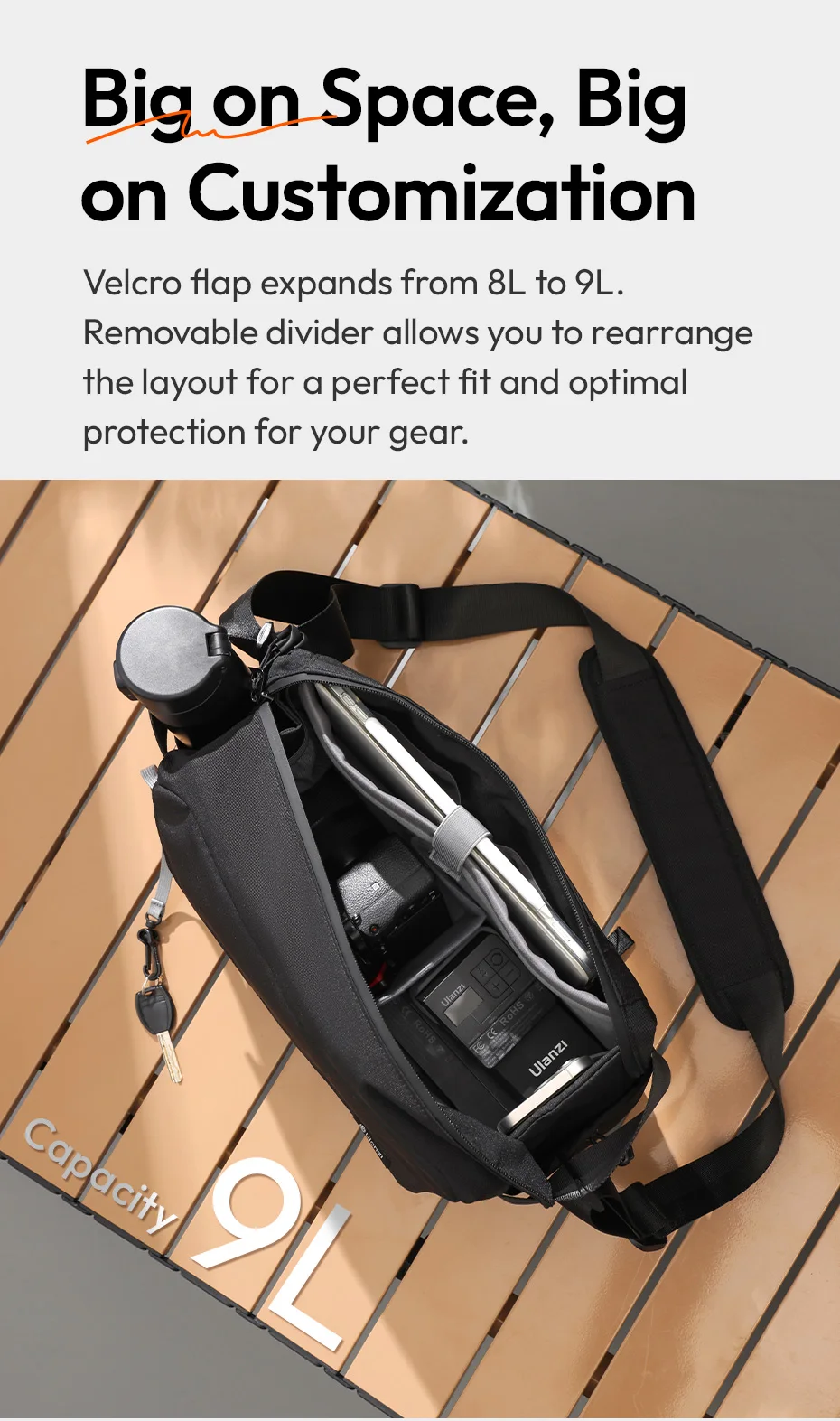 Ulanzi BP11 Umhängetasche für Kameras, 9 l Fassungsvermögen, Schultertasche für Sony, Canon, Nikon, Umhängetasche für Smartphone, Fotografie, digitale Spiegelreflexkamera – Detail 8