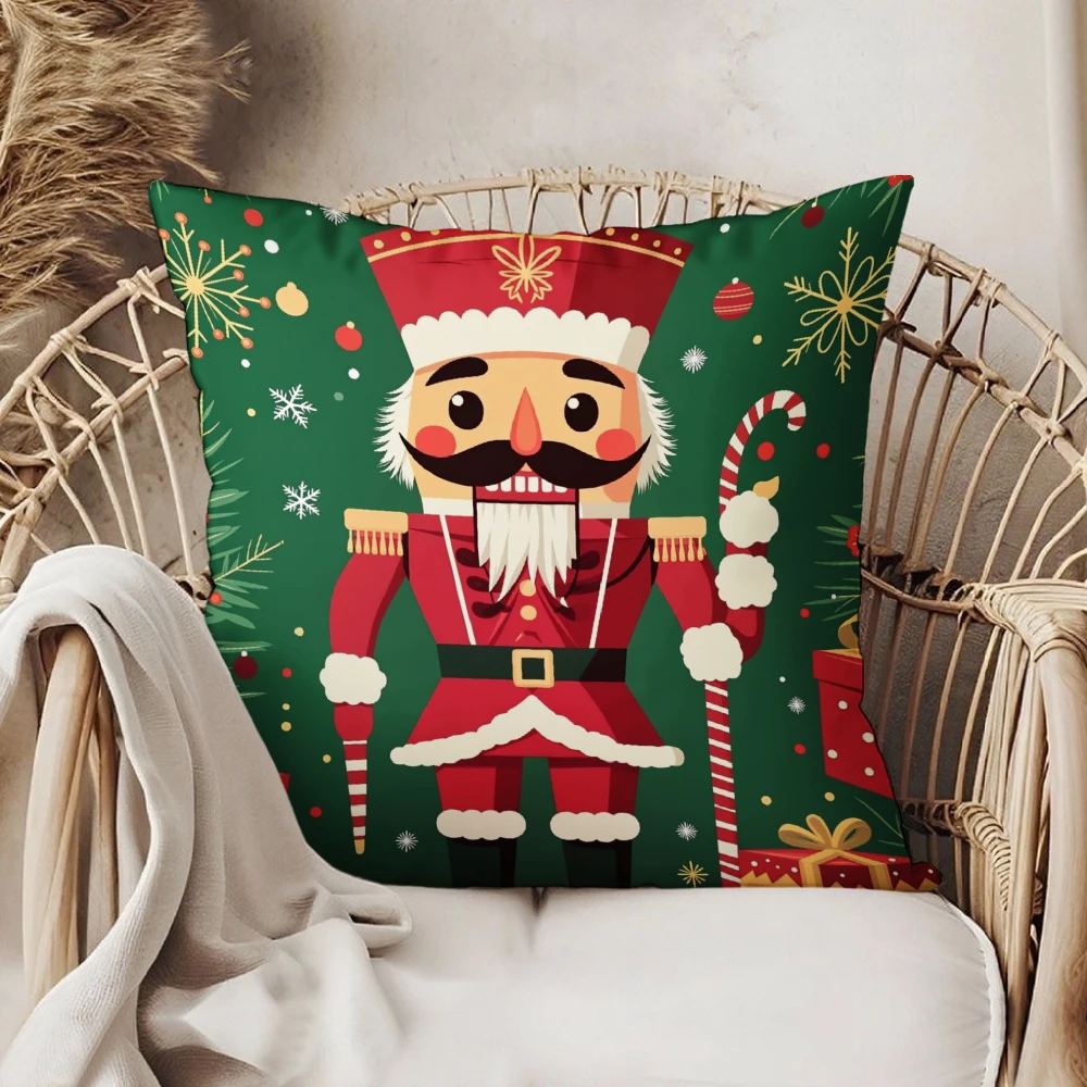 Square Throw Pillow Case Green Christmas Nutcracker Soldier Candy Cane Snowflake Print Decorative Cushion Cover For Home Sofa