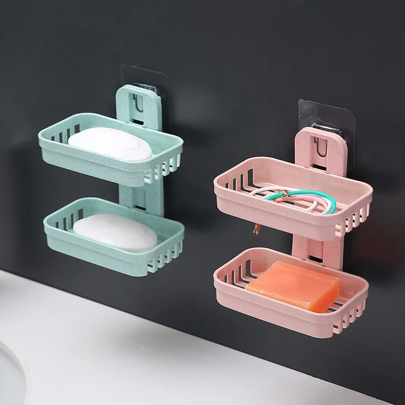 Wall Mounted Double Layer Soap Dish Punch-Free Drawer Draining Holder Bathroom Organizer Rack Shelves Kitchen Sponge Storage Box