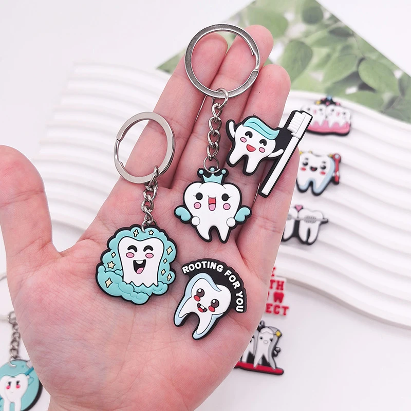 10 Pcs Dental Tooth Shape Model Simulation Keychain Fashion Keyring Cartoon Lovely Girls Kids Gift Pendant Teeth Key Chain