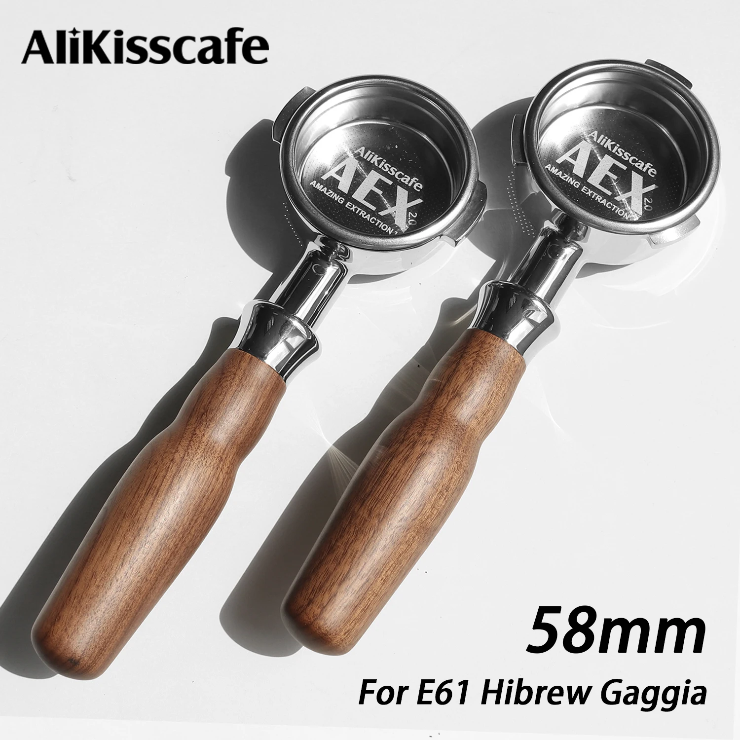 58mm-コーヒー用ボトムレス・ポルタフィルター（e61、gaggia、hibrew-h10a、breville-920に対応）。ダブルスパウト式エスプレッソマシン用アクセサリー、バリスタツール。