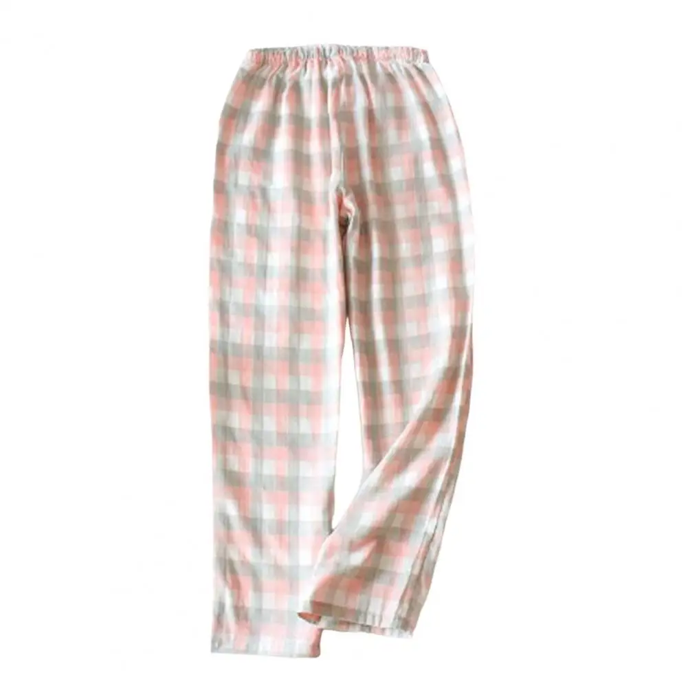 Women Pajama Pants Drawstring Straight Wide Leg Thin Plaid Print Loose Sleeping Pants Homewear