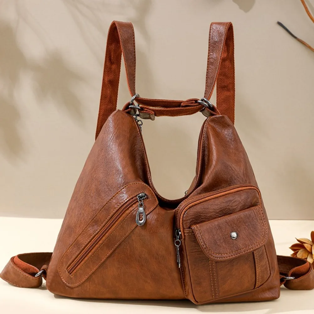 

Personalized Retro Vintage Leather Tote Bag PU Korean Style Shoulder Bag Backpack Temperament Punk Casual Commuting Bag Girls