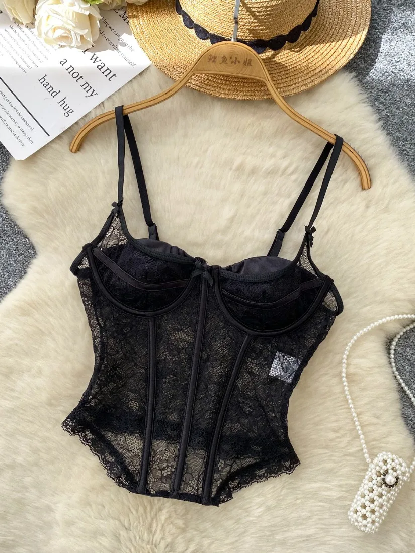 

Foamlina Trendy European Trendy Sexy Halter Strap Bustier Women's Summer Hot Girl's See Through Boning Lace Bustier Corset Camis