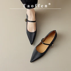 Toffen Casual Ballet Flats For Women Genuine Leather Solid Pointed Toe Low-heeled Pumps New Comfortable Strap Button Lady Shoes