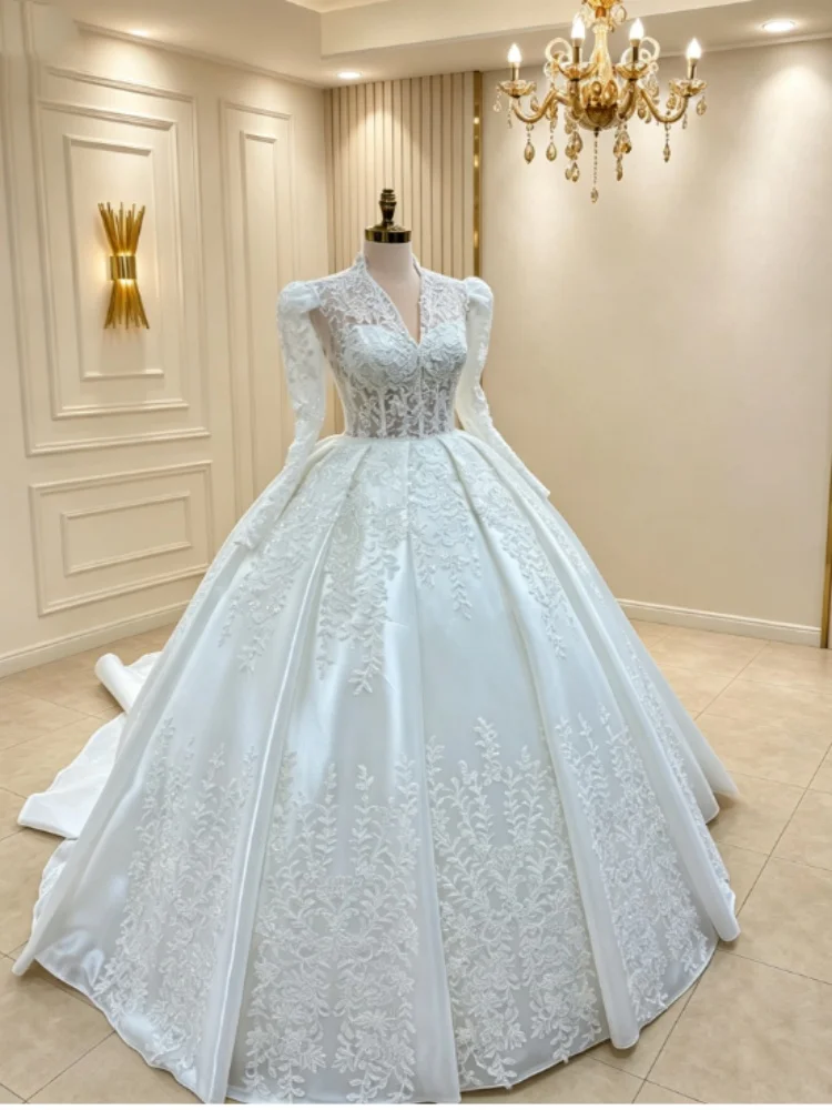 Custom V‑Neck Puff Long Sleeve Satin Wedding Dress Sheer Corset Heavy Applique Ball Gown Train Luxury Bridal Gown