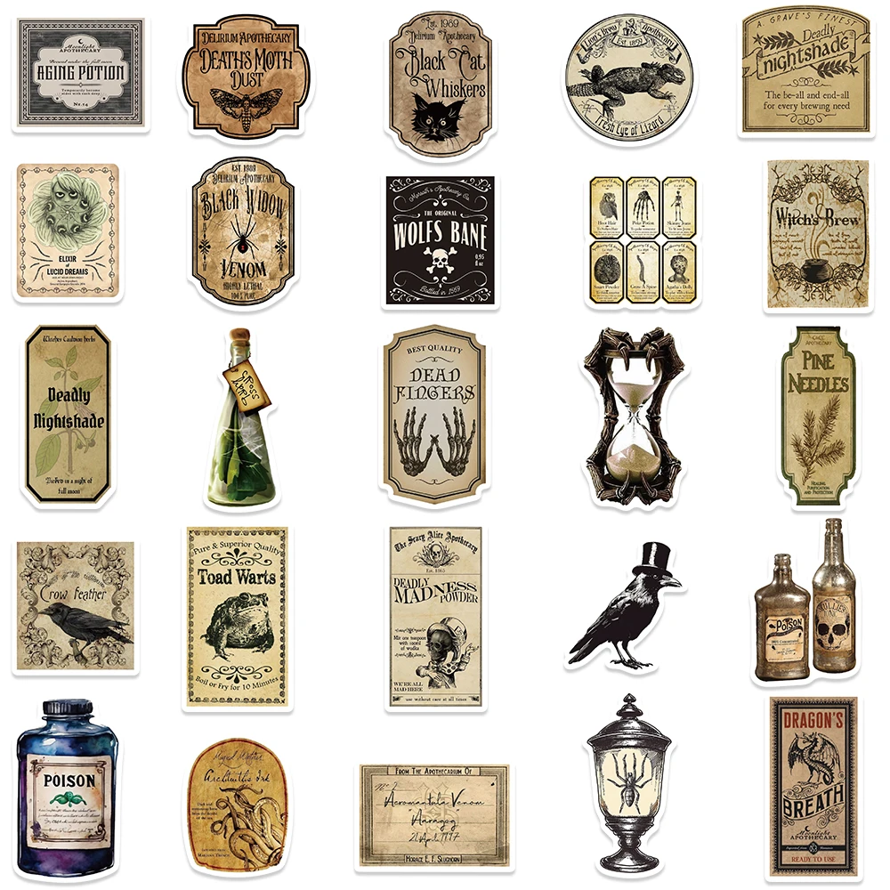 50/100pcs Vintage Magic Potion Label Stickers Horror Halloween Sticker Decorative Bottle Window Notebook Luggage Decals Toys