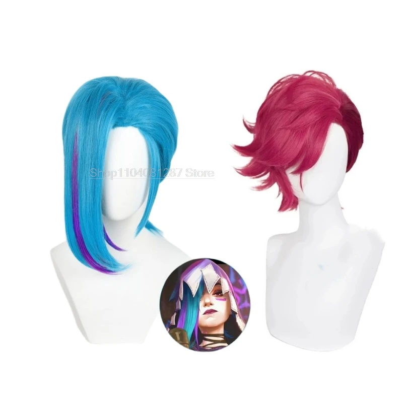 Vi jinx cosplay peruca arcane temporada 2 vi 45cm preto rosa cabelo jinx 45cm cabelo azul feminino masculino halloween lol role play peruca + peruca boné