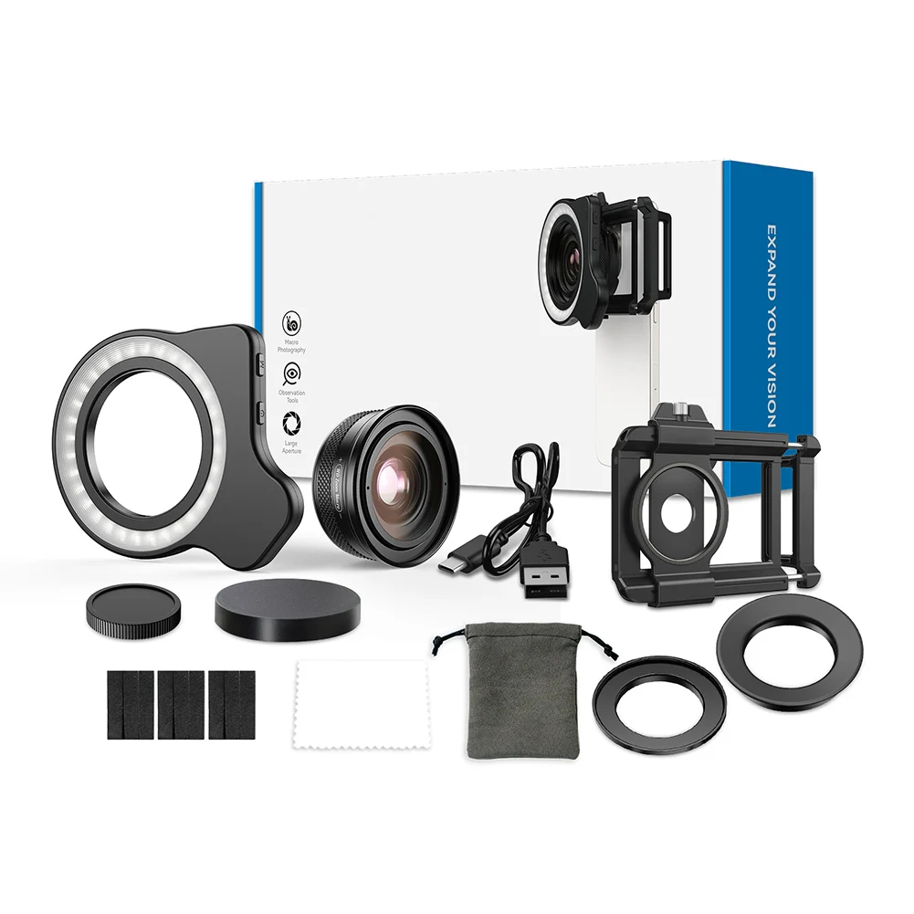 

10x-20x Zoom Macro Lens Kit with Built-in Fill Light for iPhone and For Smartphones for HD Close-Up Photography