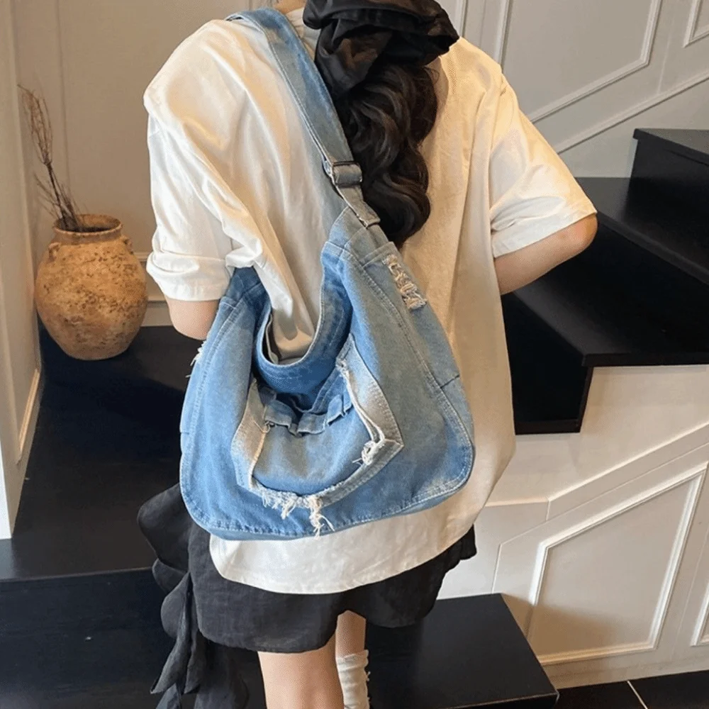 

Trendy Vintage Denim Shoulder Bag Versatile Multi-pockets Cross Body Bag Commuting Large Capacity Satchel Bags Girls