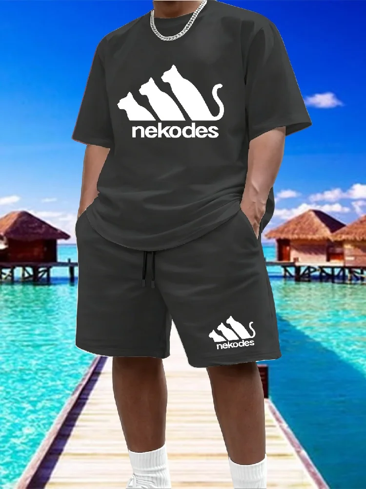 

Men's Nekodes Cat Print 2 Piece Outfit, Casual Short Sleeve T-Shirt & Drawstring Shorts Set, Summer Breathable Streetwear Men