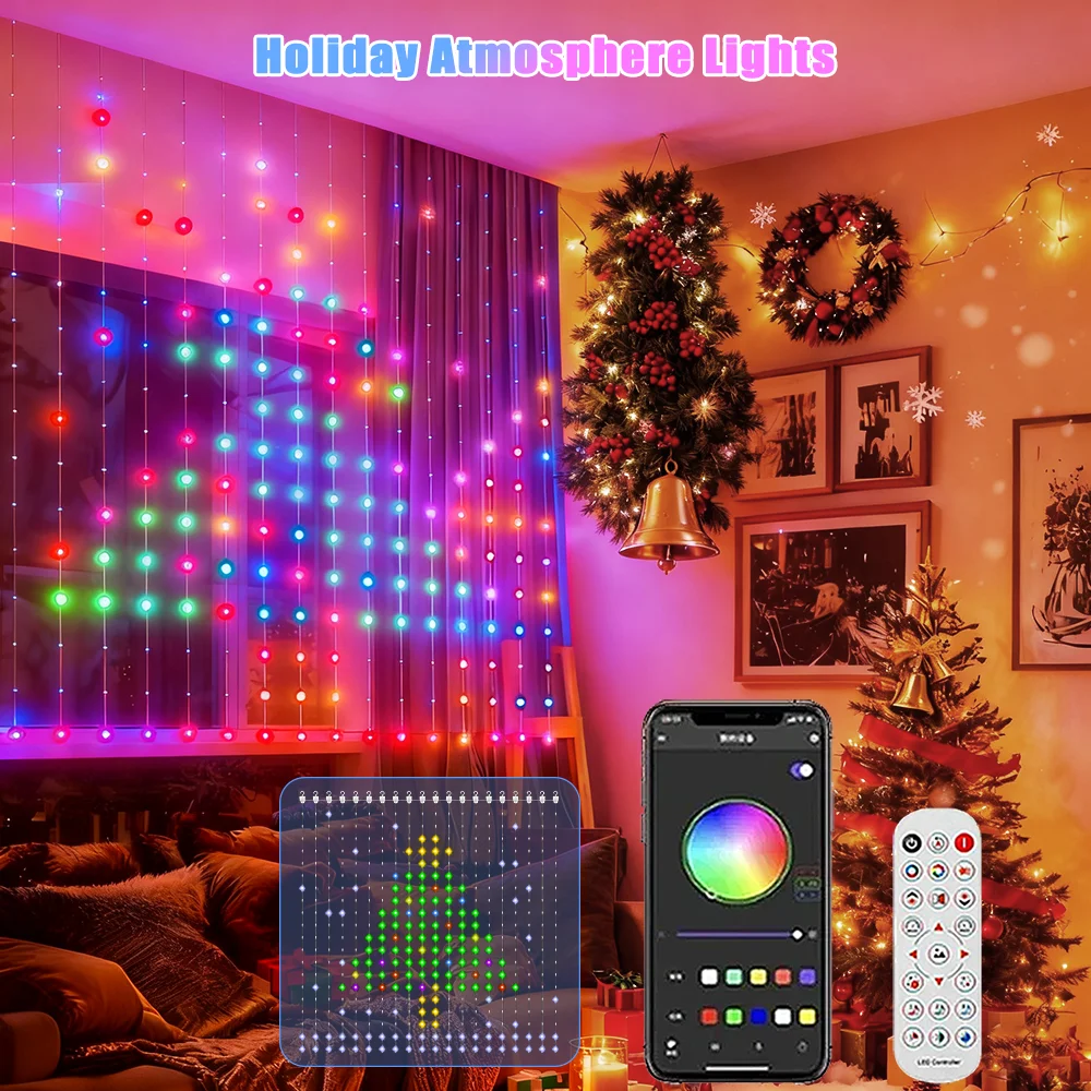 Holiday Decorations Christmas String Lights App & Button-Controlled LED Lights High-Quality Outdoor Waterproof Curtain Lights