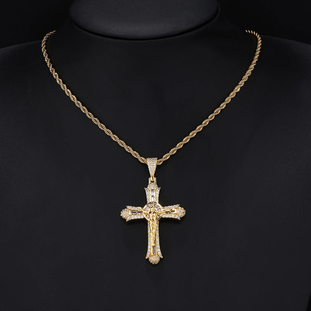 NY Iced Out Jesus Crucifix Cross Pendant Necklace Copper Cubic Zirconia Hip Hop Men Women Fine Pendant Religious Jewelry Gifts