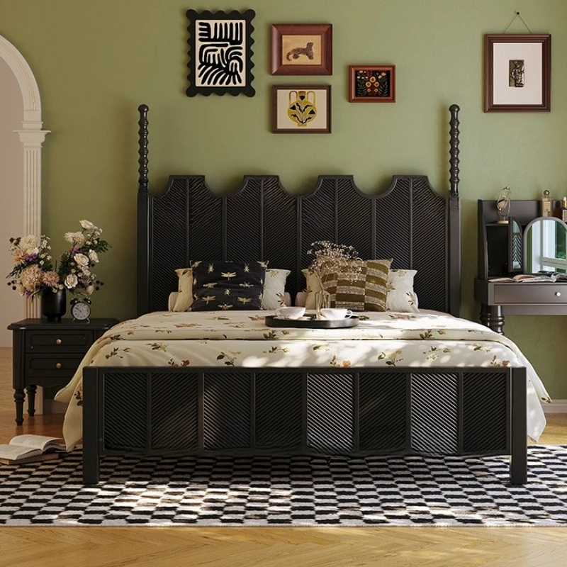 سرير أمريكي من الخشب الصلب خفيف سرير زفاف فرنسي منحوت عتيق عتيق 1.8 متر غرفة نوم رئيسية مزدوجة #4