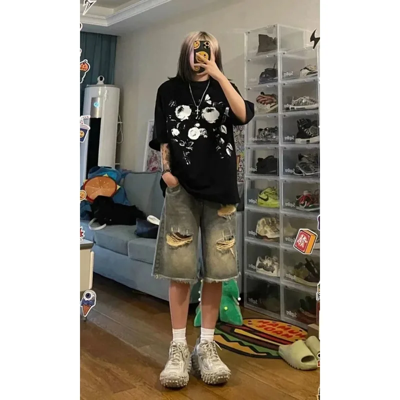 Y2k Shorts Denim Shorts Vintage High Waisted Straight Leg Distressed Womens Denim Shorts For Summer Fashion