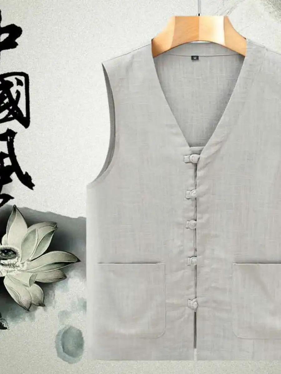 

Loose Linen Thin Cotton Linen Button up Manin Collar Vest for Middle Aged And ly Summer Faion Workwear V-Ne