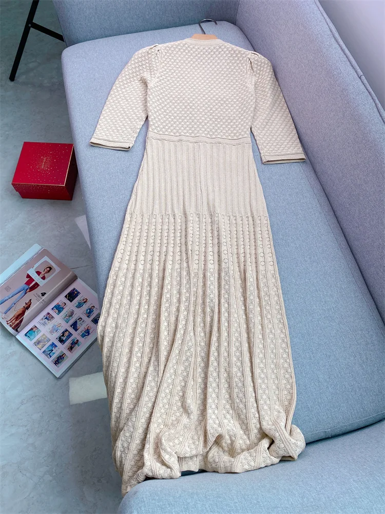 New 2024 High Quality Women Knit Long Dress Three Quarter Sleeve A-Line Elegant High Street Chic Stunning Fashion Design Sweet S