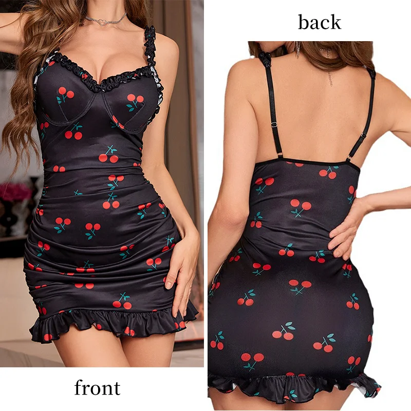 Women's Printed Deep V-Mini One-Piece Suspender Nightgown Women's Sexy Printed Pleated Hip Hugging Sexy Tight Dress Pajamas