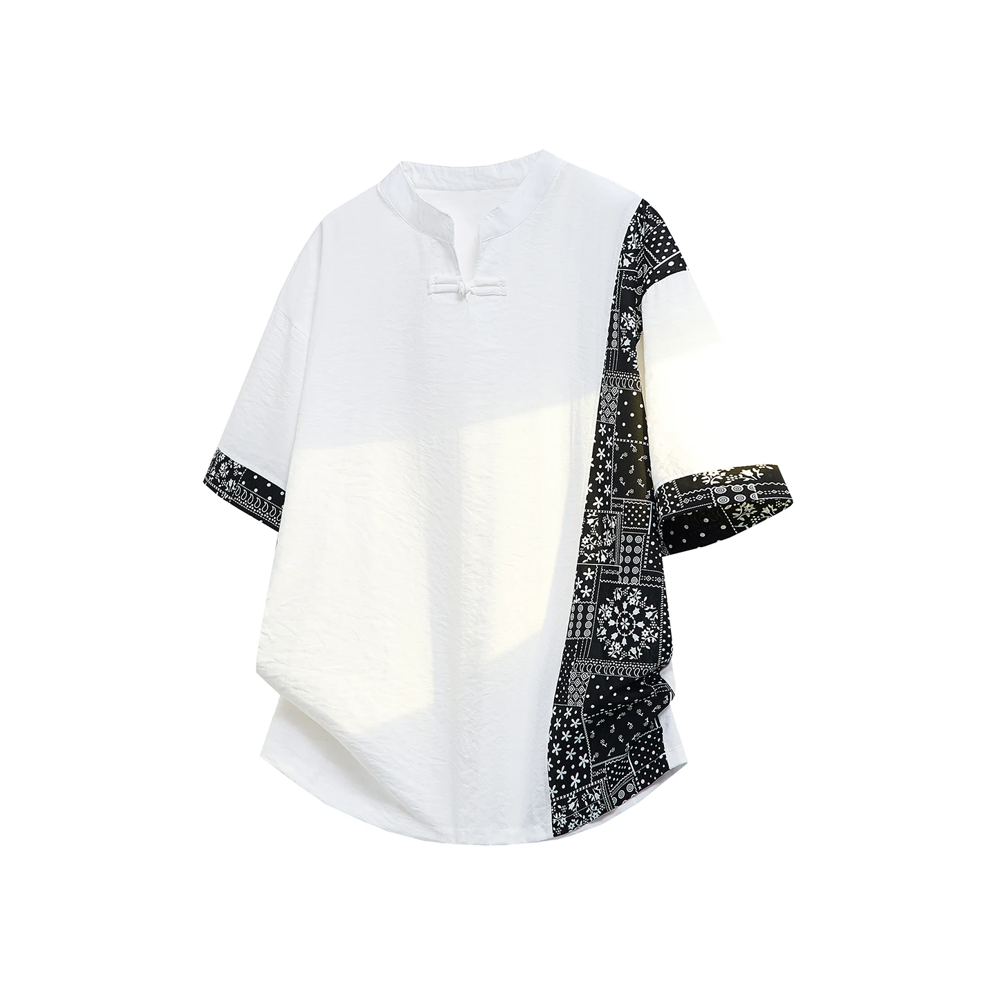 Men's Chinese Style Stand up Collar Loose fitting Linen Textured Short Sleeve Streetwear Shirt with An Ethnic Oriental Vibe