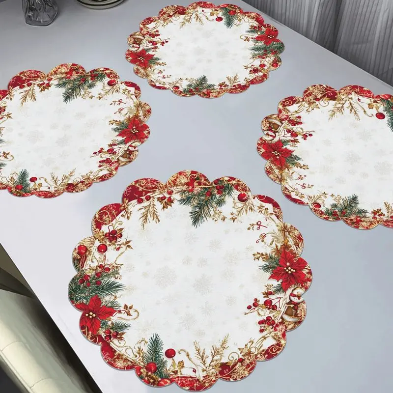 VIKAMA Ornate Scroll Poinsettia Pine Placemat White Background Wavy Edge Red Flower Golden Holly Berries Christmas Table Mat