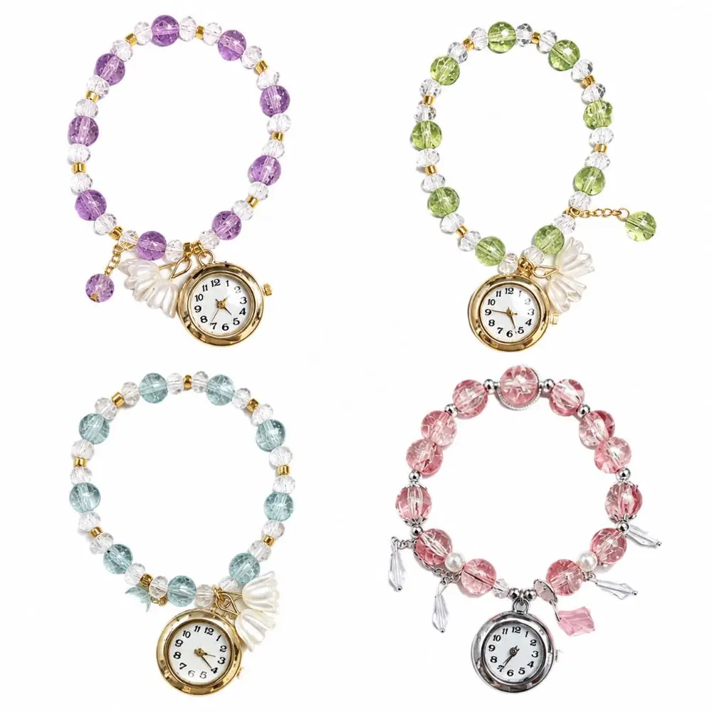 Cute Beaded Bracelet Watch with Flower Pendant Handmade Chain Watch Quartz Watch for Women Girls