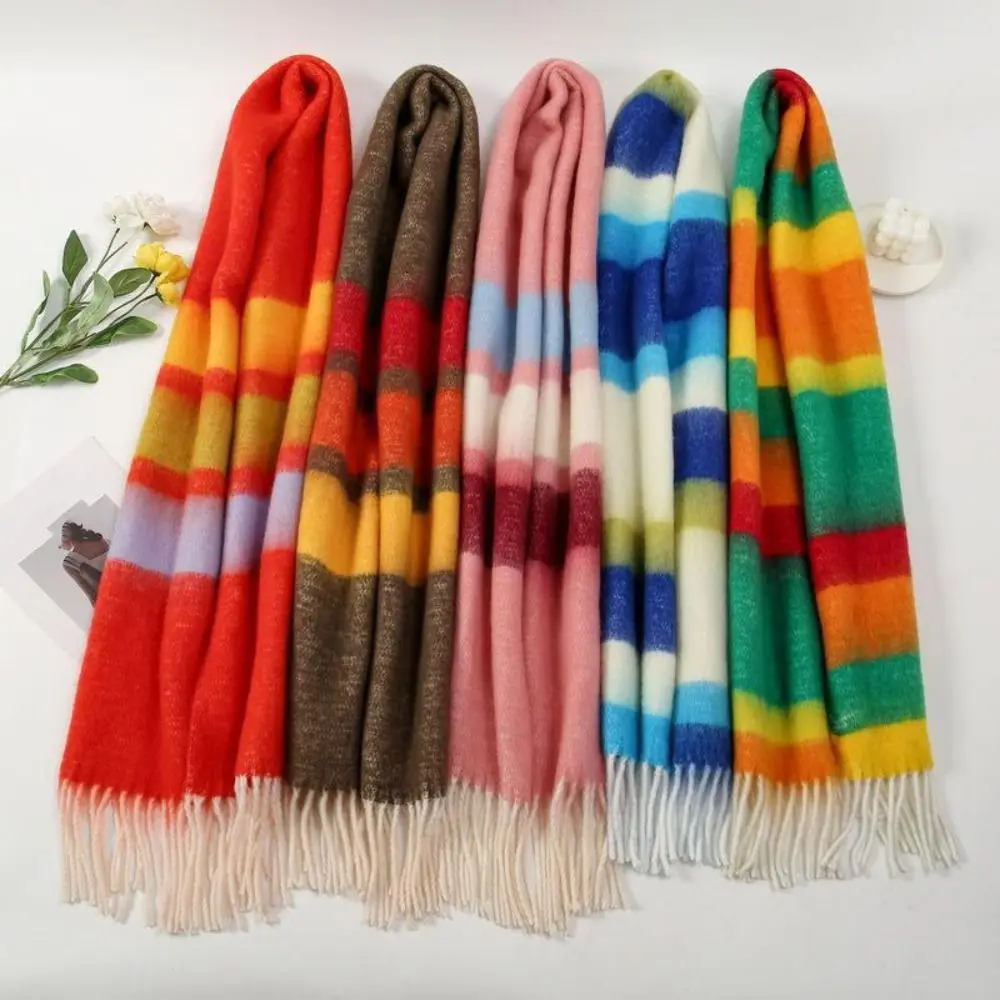 Syal wol motif garis, syal wanita elegan warna-warni, syal rumbai panjang gaya Korea, syal wol tetap hangat musim dingin