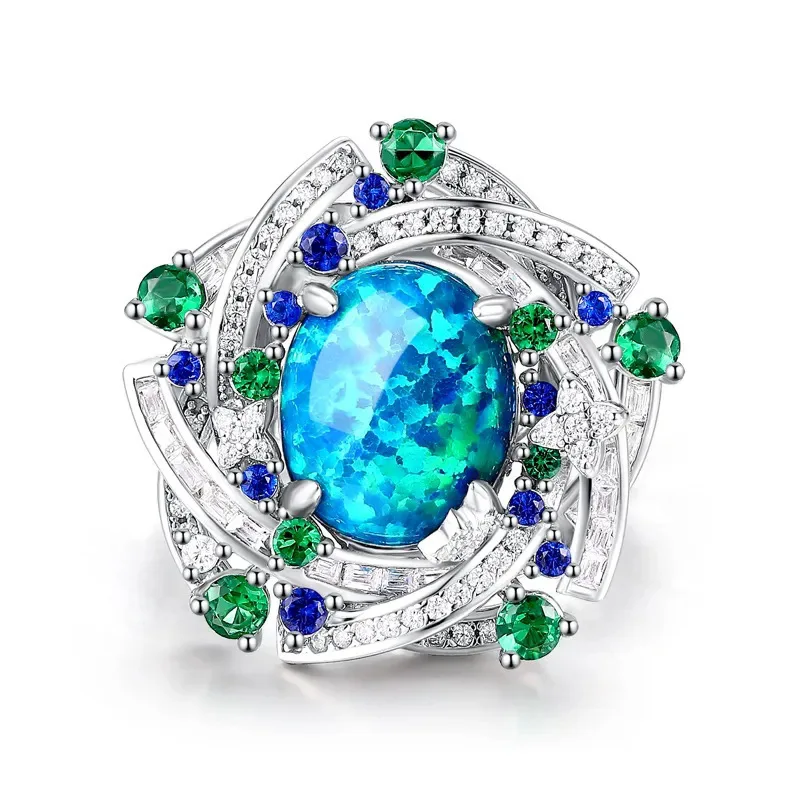 

CMajor S925 Sterling Silver Gold Plated Lab-Grown Gemstone Diamond Synthetic Opal Ring for Women High Quality Jewelry