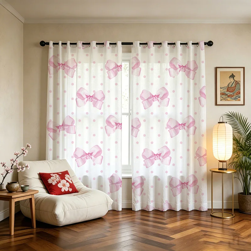 2Pcs Polyester Curtain Set,Machine Washable,Easy Hanging & Installation,85% Light Blocking,Sweet Pink Bows Polka Dots Print