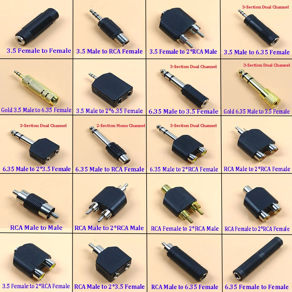 1pcs 6.35mm Male to 3.5mm Audio Stereo/Mono Jack Female To 2 RCA Male Audio Jack Connector Adapter Converter for Speaker