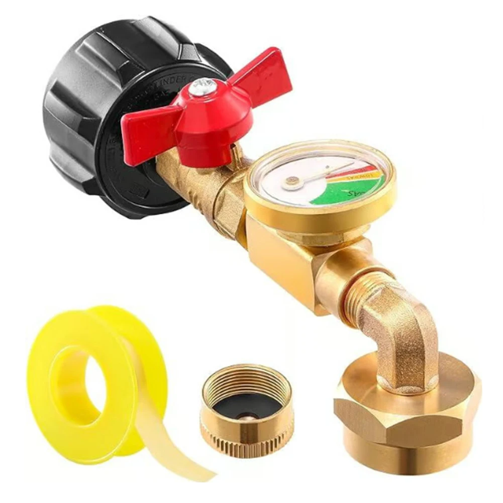 Propane Refill Elbow Adapter With Gauge And Valve Control For 1Lb To 5-40LB Tanks Brass Camping BBQ Outdoor Cooking Tool