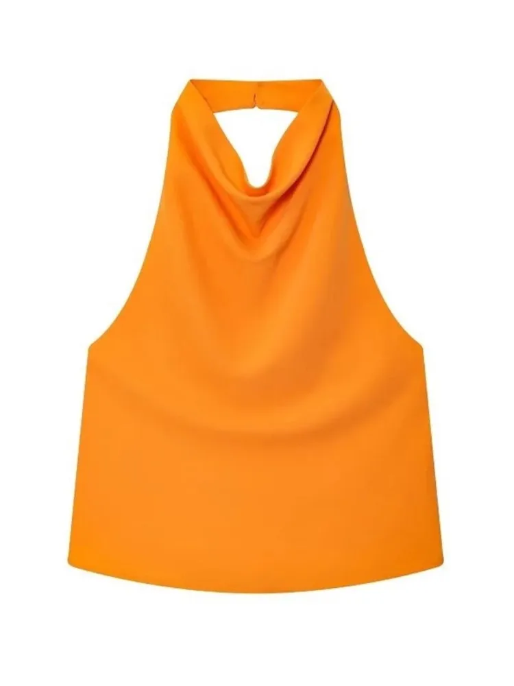 サテンホルターベスト レディース 夏新作 セクシー ノースリーブ ルーズ 無地 バックレス ボタン スリムトップ 女性用服 セクシーな女性用服