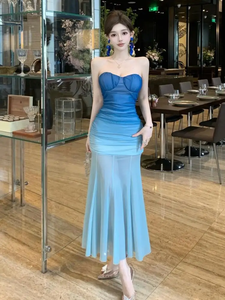 

French Fashion Blue Gradient Sexy Backless Strapless Party Long Dress Women's Summer New Sleeveless Wrapped Hip Fishtail Dresses