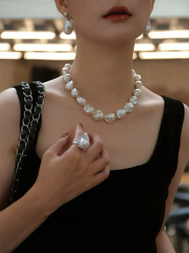 

3A Freshwater Cultured Pearl Necklace Large Baroque Irregular Statement Necklace Flameball White Natural Pearls Jewelry Elegant