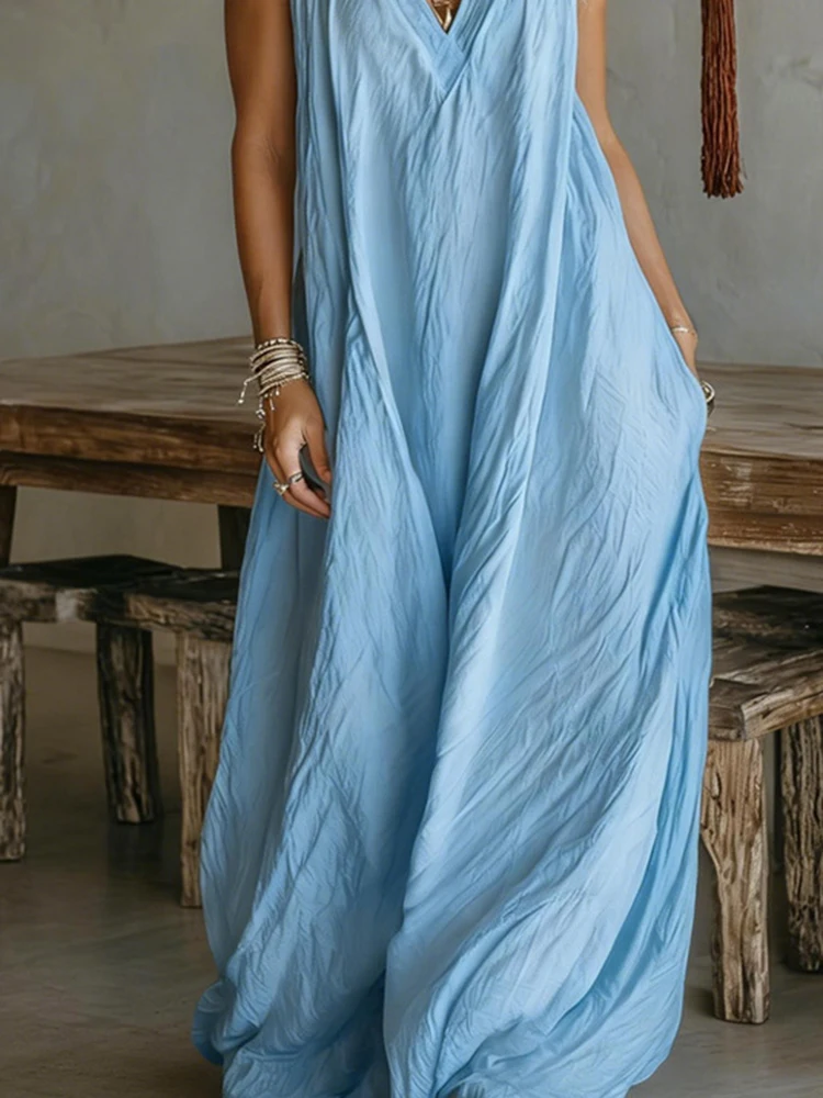 

Элегантный летний комбинезон с открытой спиной, плиссированными широкими штанинами, новинка, повседневный, для отпуска, модный, с V-образным вырезом, без рукавов, свободный крой