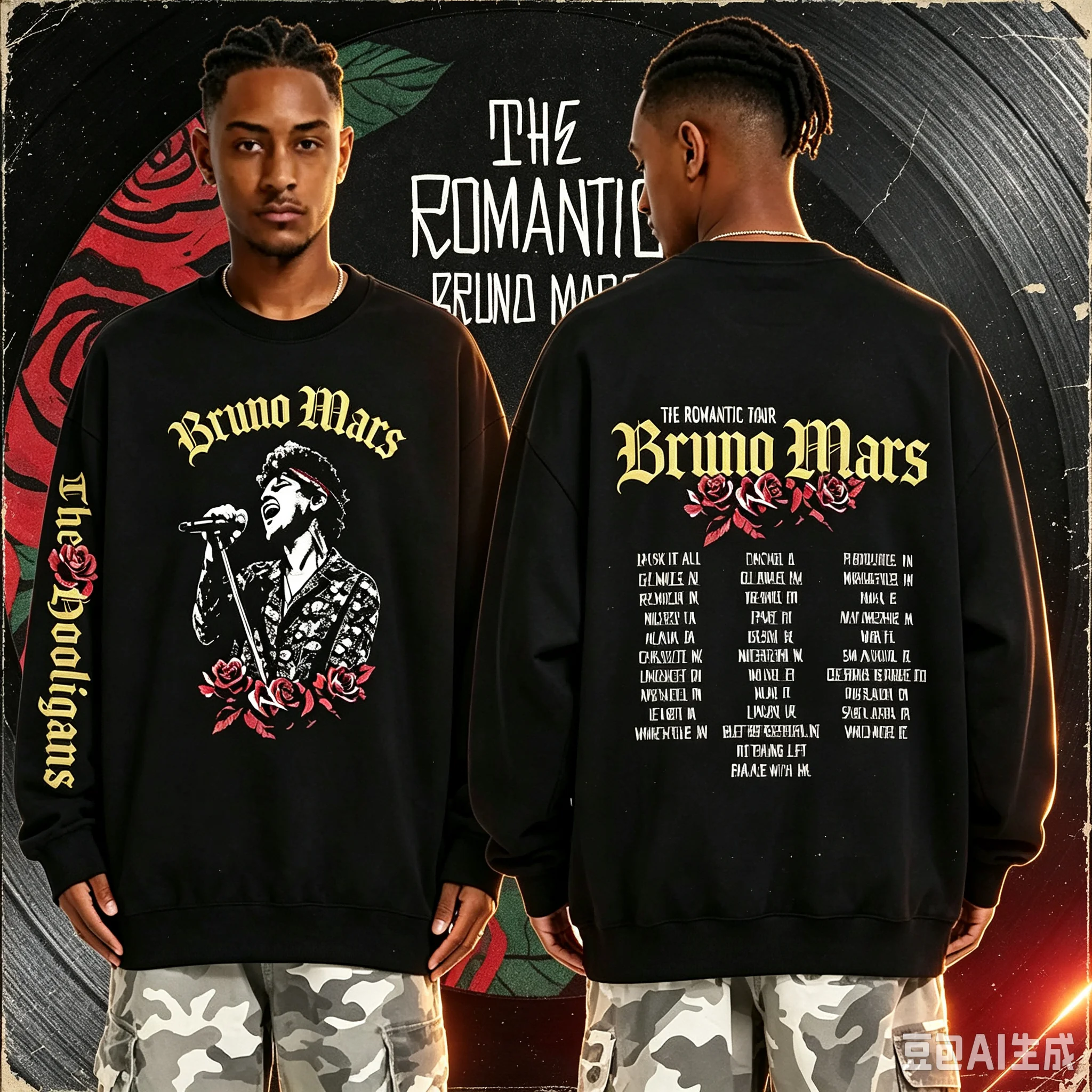 2026 new model Bruno Mars “The Romantic Tour” New Rose and Tour City Printed Black Long Sleeve Hoodie，Limited surrounding