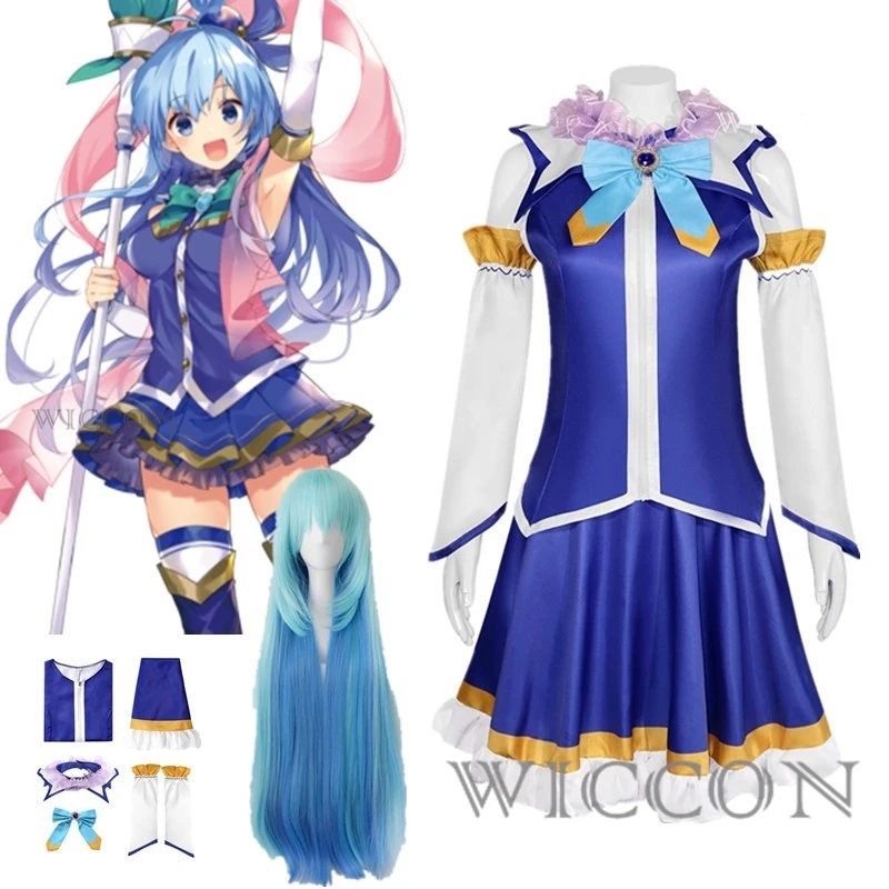 Anmine Konoosuba Aqua Cosplay Tops Dress With Wig Uniform Outfit Anime Cute Cosplay Costumes Blue Gradient Color Wig