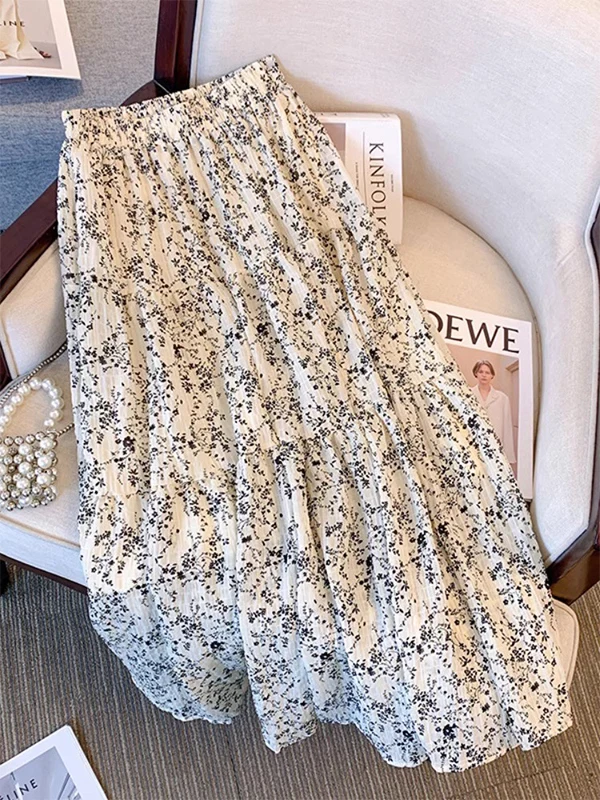 Falda Midi de Verano con Cintura Alta, Estilo Vintage, Estampado Floral, Cintura Elástica, Color Albaricoque, Versátil, Corte en A para Mujer