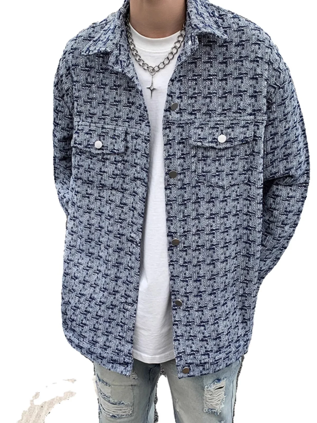 

Men Distressed Denim Jacket Flower Jacquard Weave Coat Loose Long Sleeve Outerwear High Street Japanese Harajuku style Outerwear