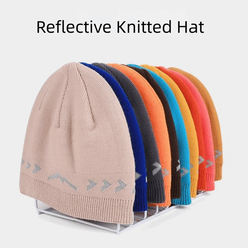 Polyester Material Reflective Knitted Hat Ribbed Knit Texture Double-Layer Fleece-Lined Visibility Safety Hat Unisex Design
