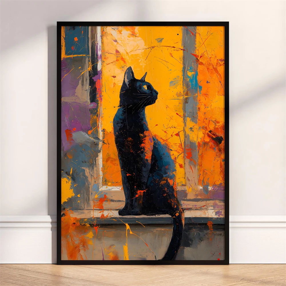 Peeking Black Cat Canvas Painting Poster Print Funny Curious Cat Wall Art for Cat Lovers Hallway Living Room Toilet Decor