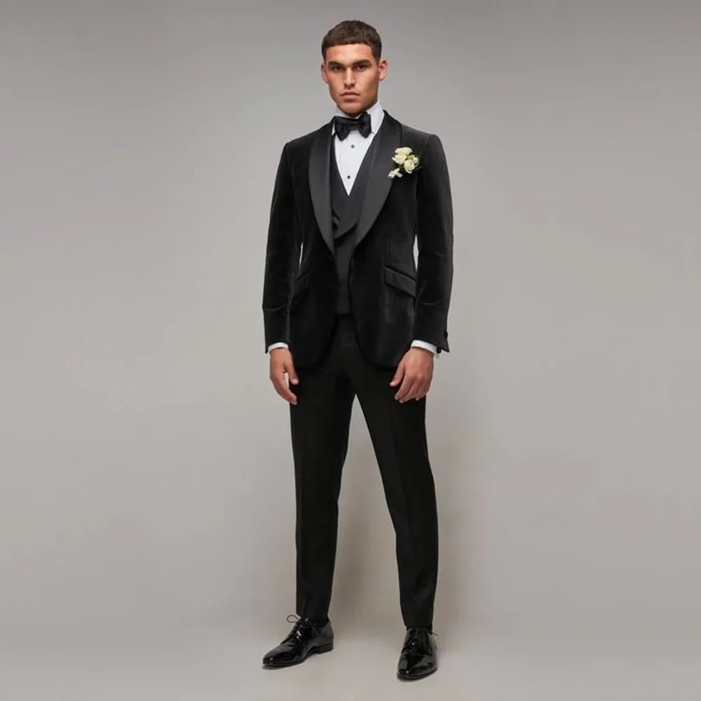 

Classic Shawl Lapel One Button Black Velvet Suits for Men Fashion 3 Piece Formal Prom Party Banquet Wedding Groom Tuxedo Slim