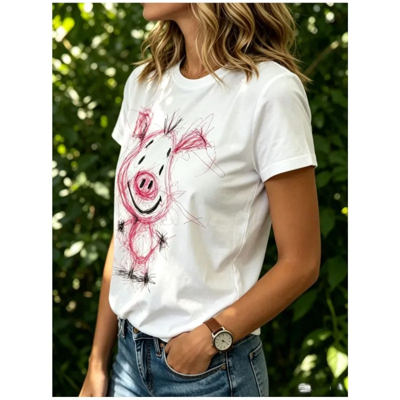 

Spring Summer Pure Cotton Women's T-shirts Print Lovely Pink Pig Round Neck Tops Daily Home Study Y2k Fashion Clothes For Women