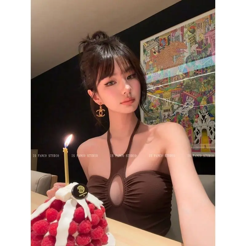 Sweet Cool Spicy Neck Hanging Hollow out Vest Women Sexy Subtle Slimming Commute Outerwear Versatile Short Length Top