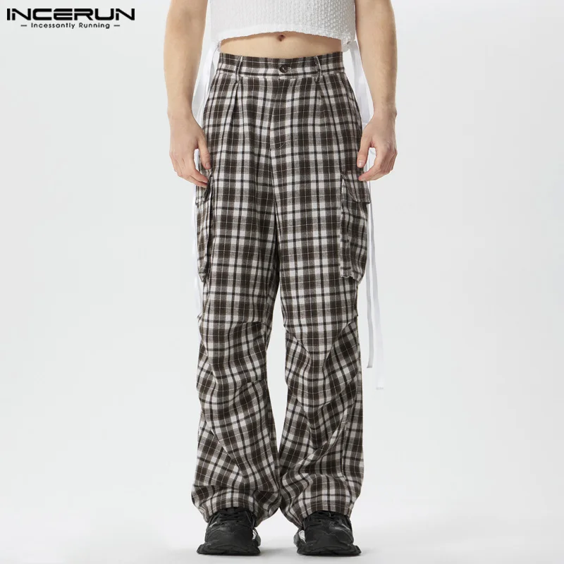 INCERUN-Pantalones largos de estilo americano para hombre, pantalón informal, a cuadros, con bolsillos, S-5XL, 2024