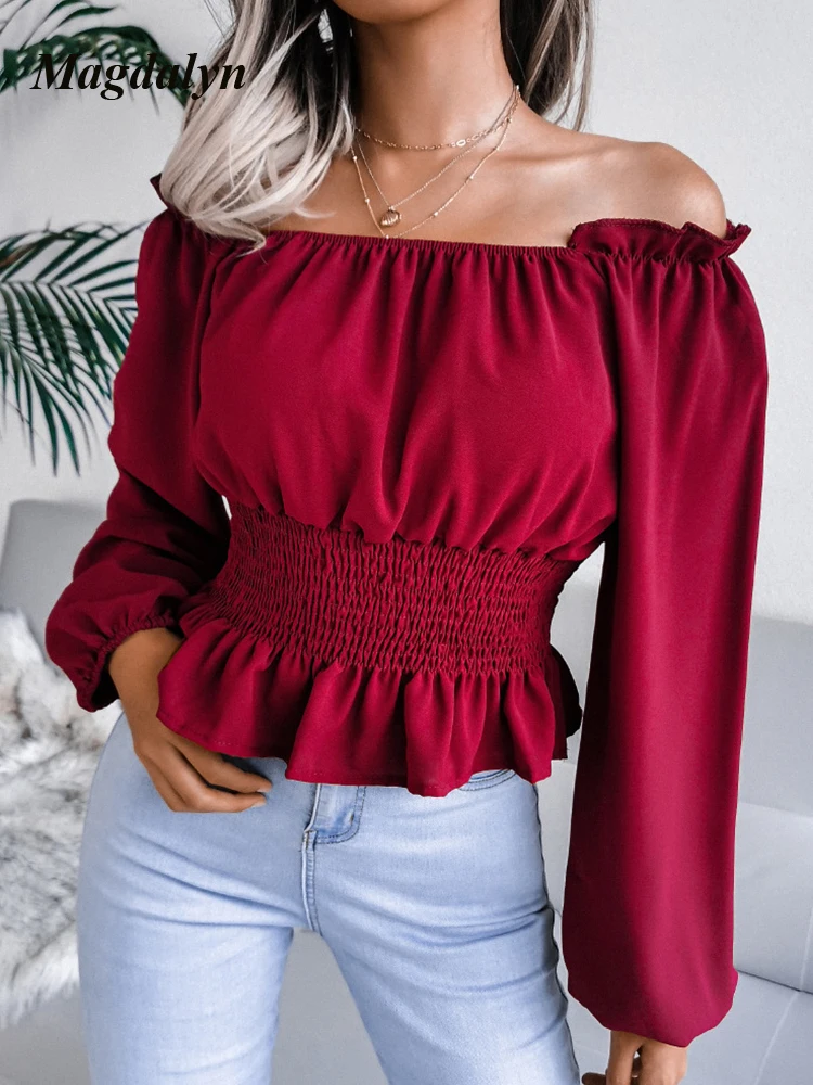 Magdalyn Women Off Shoulder Fasion Ruffles Tunic Blous Ins Korean Solid Chiffon Shirt Elegant Long Sleese Elastic Cuffs Lady Top