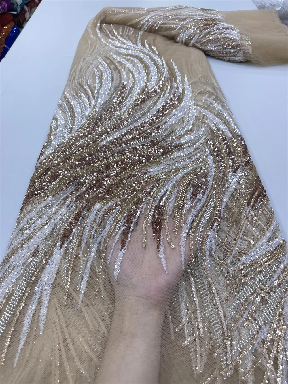 

Luxury African Mesh Lace Sequin Fabric,For Sewing,Clothes,Beaded,Tulle,Wedding Dresses,Embroidery,Fabrics By The Meter,5 Yards