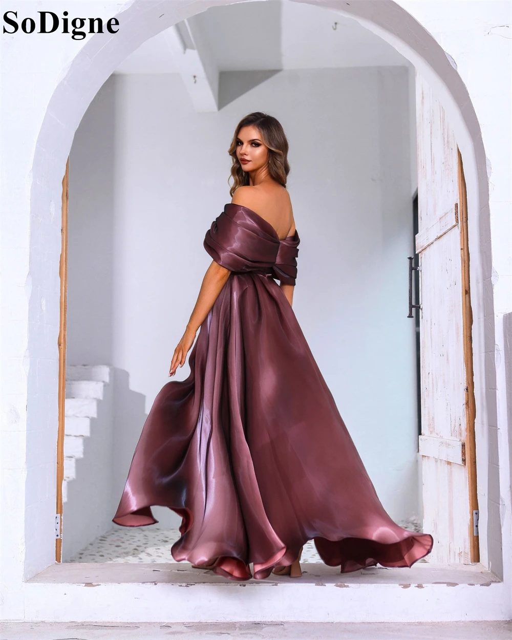 SoDigne 2025 Dark Mauve Evening Dresses Off Shoulder Side Slit Prom Gowns A-Line Draped Pleated Romantic Party Dress Customized
