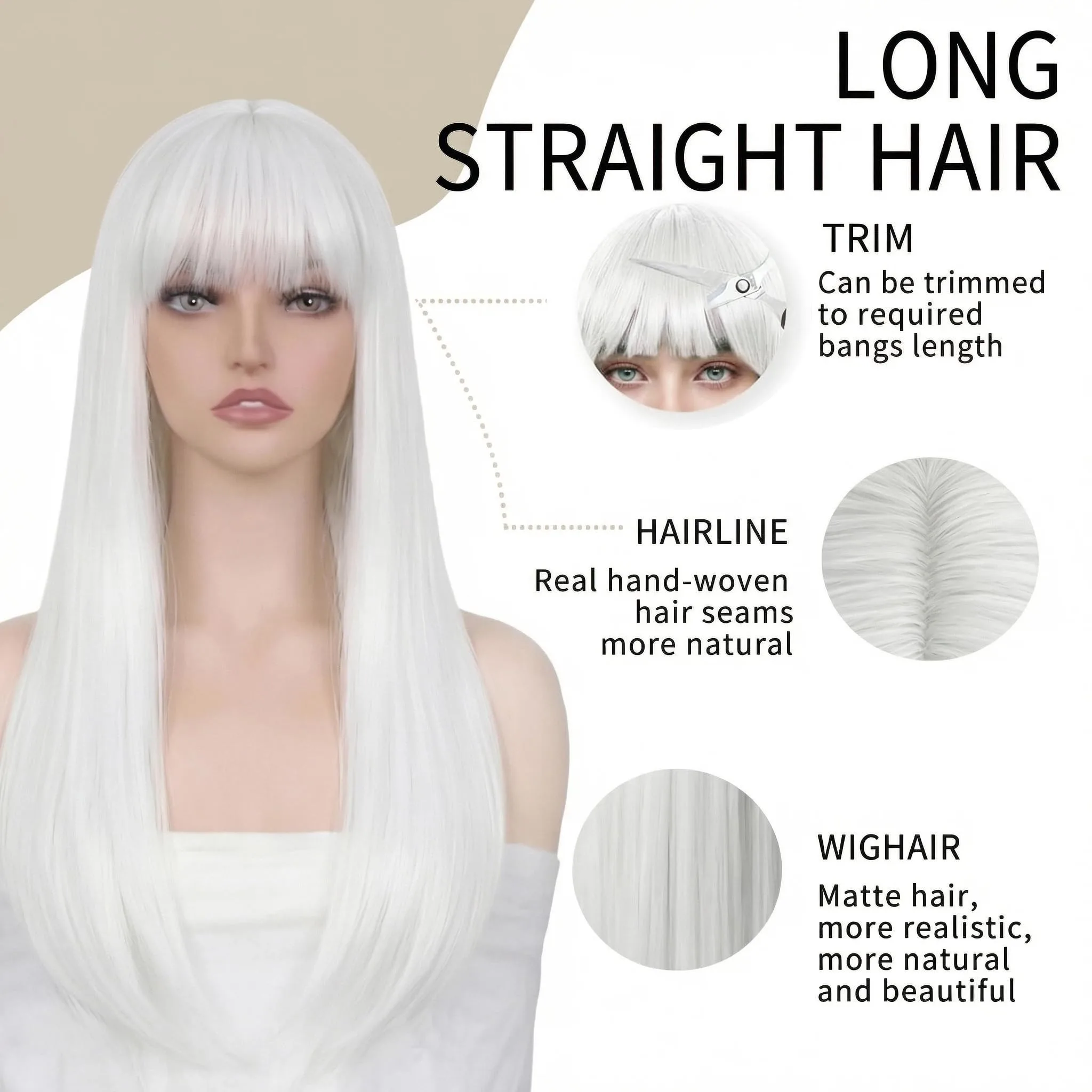 White Straight Synthetic Wig for Halloween Cosplay and Daily Wear, Heat Resistant