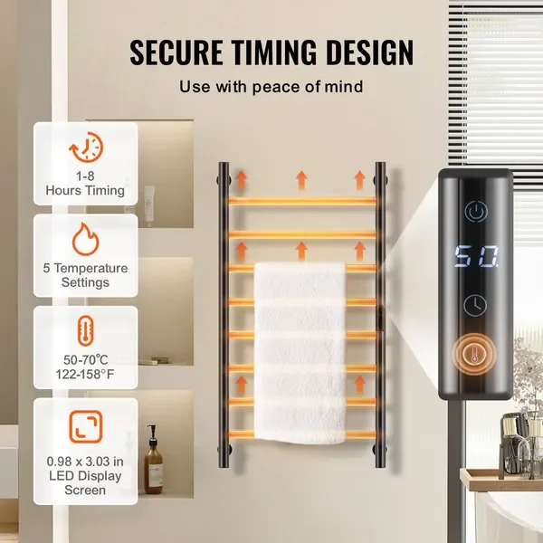 Porte-serviettes chauffant mural à 8 barres, pour salle de bain, noir